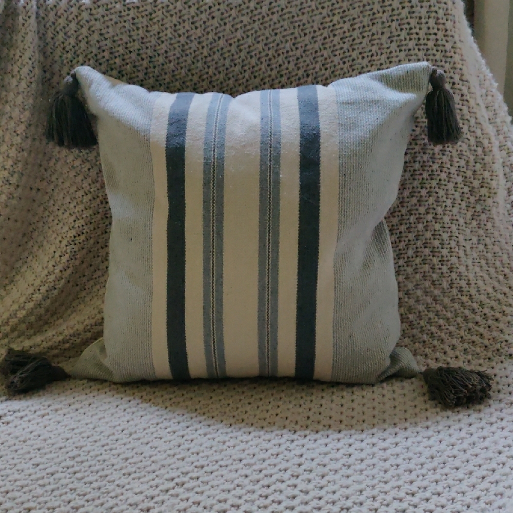 Hobby Lobby Blue and Cream Striped Accent Pillow Cover with Tassels